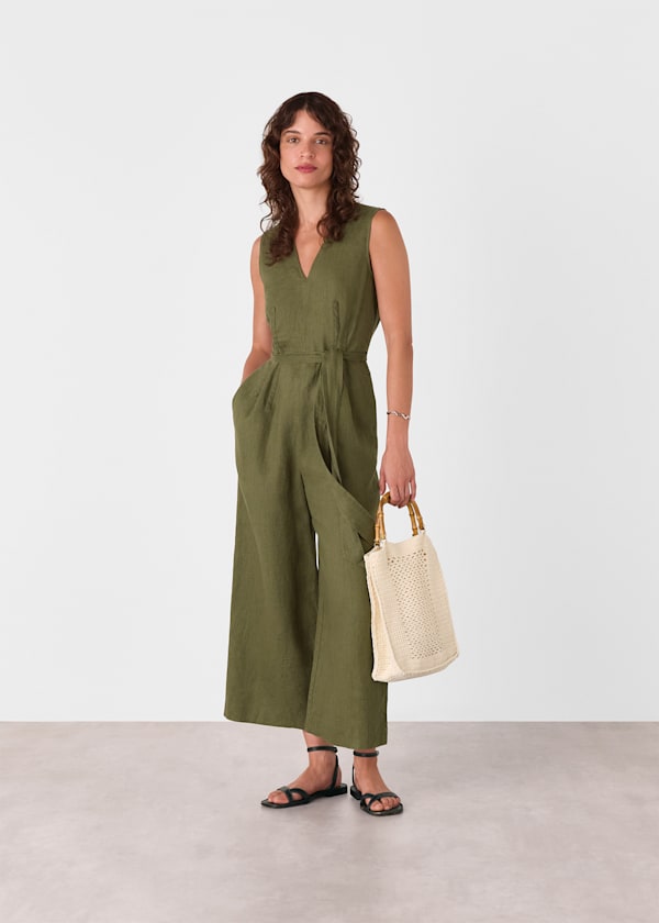 Khaki Belted Seamed Linen Jumpsuit