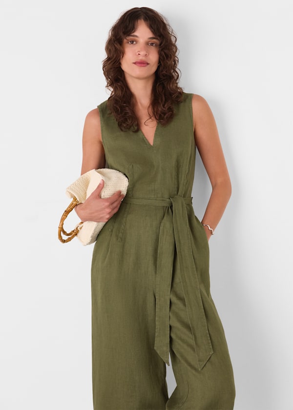 Khaki Belted Seamed Linen Jumpsuit