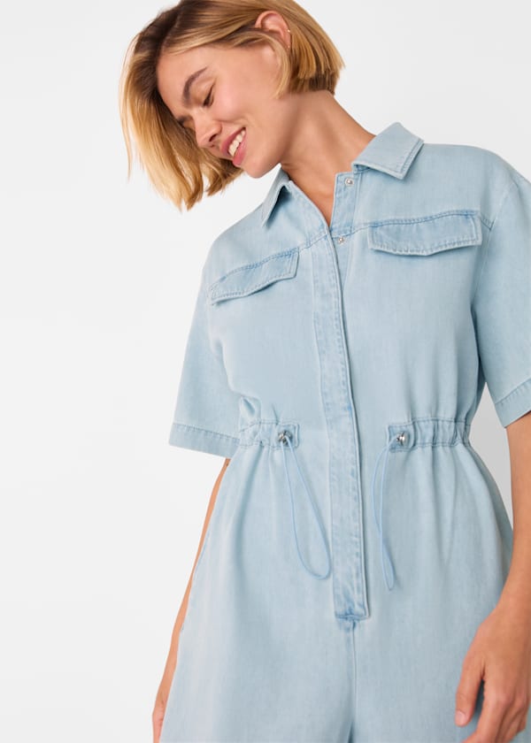 Denim Short Sleeve Utility Jumpsuit