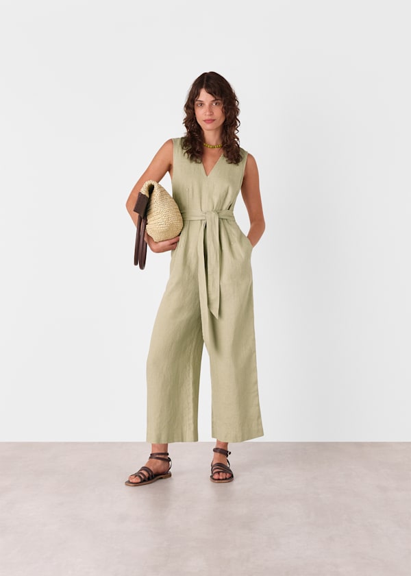 Neutral Belted Seamed Linen Jumpsuit