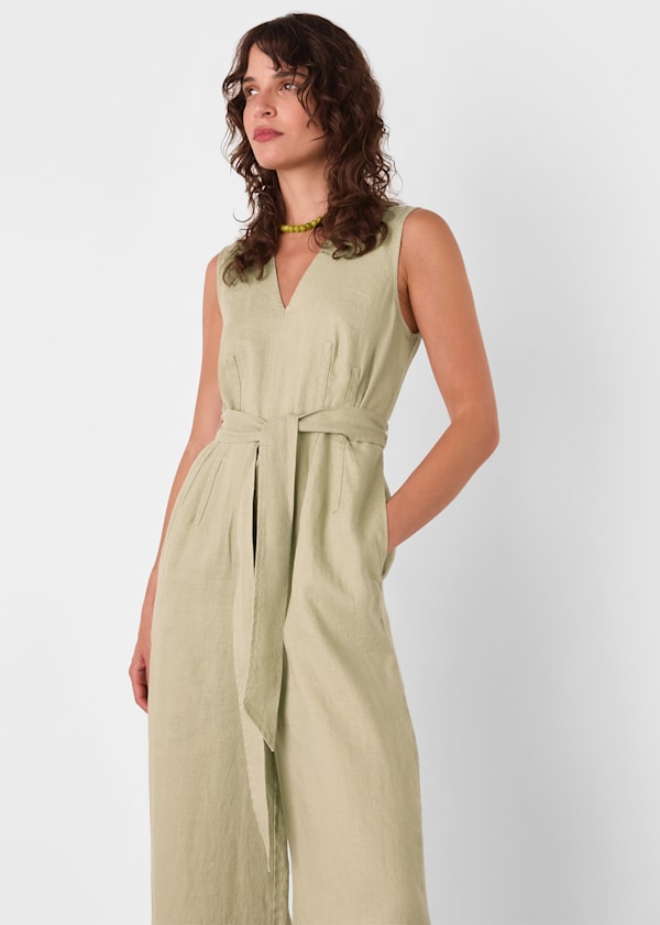 Neutral Belted Seamed Linen Jumpsuit