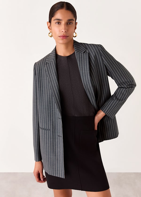 Grey Isla Pinstripe Wool Blazer
