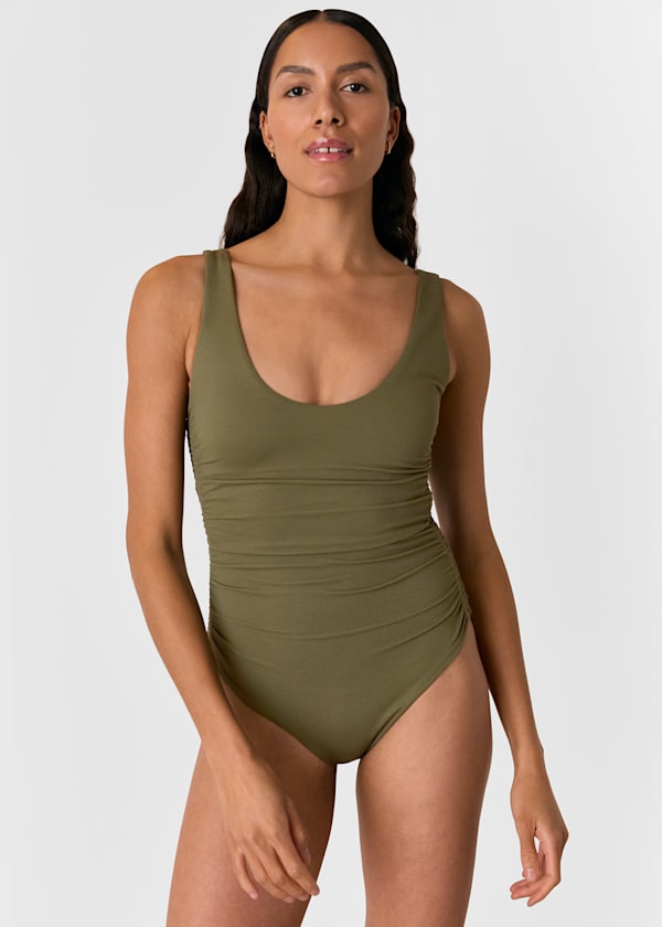 Khaki Textured Side Ruched Swimsuit