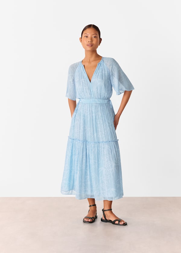 Blue Petite Bamboo Leaves Gathered Dress