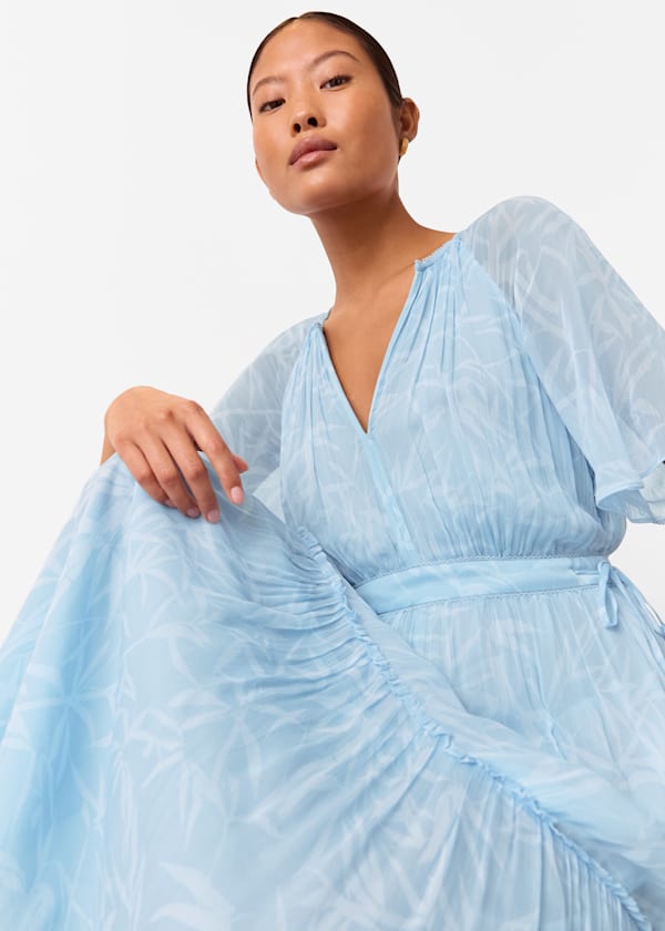 Blue Petite Bamboo Leaves Gathered Dress