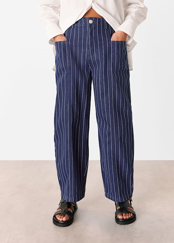 Navy Petite Pinstripe Barrel Leg Jean