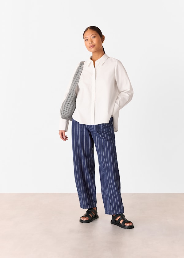 Navy Petite Pinstripe Barrel Leg Jean