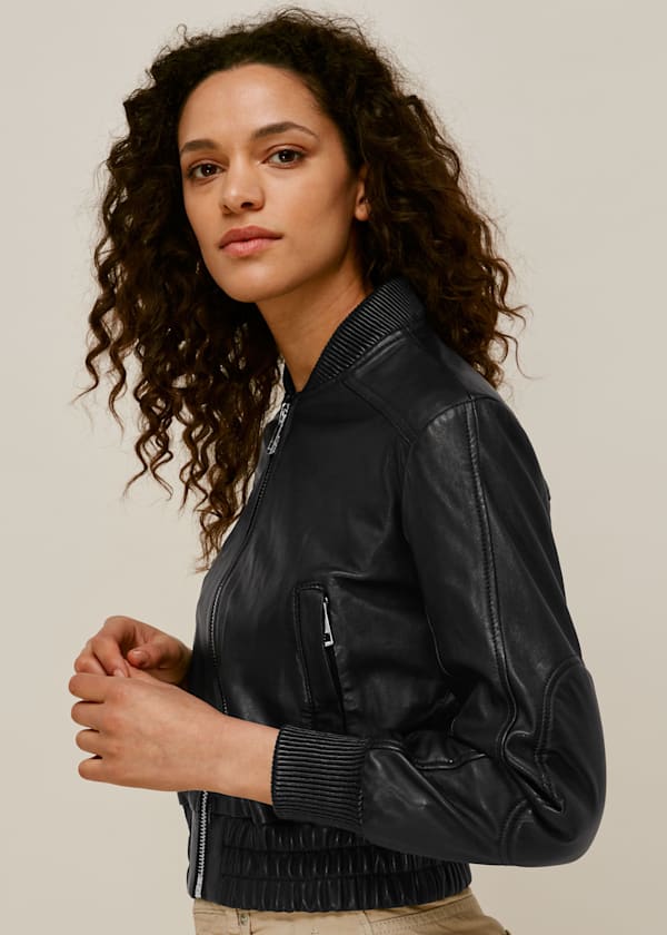 Black Cropped Leather Bomber Jacket