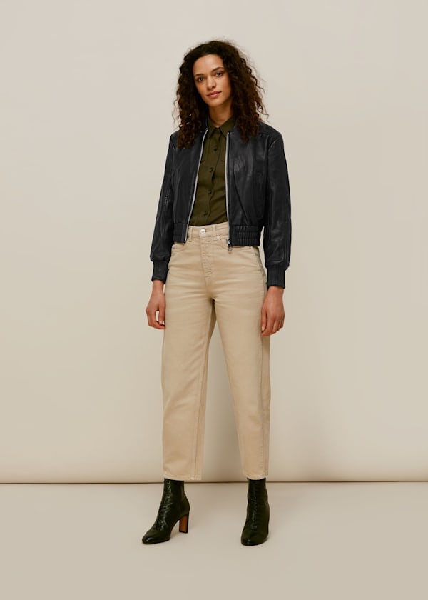 Black Cropped Leather Bomber Jacket
