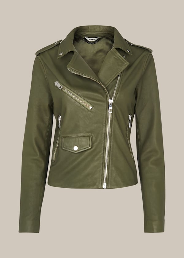 Khaki Agnes Pocket Leather Jacket