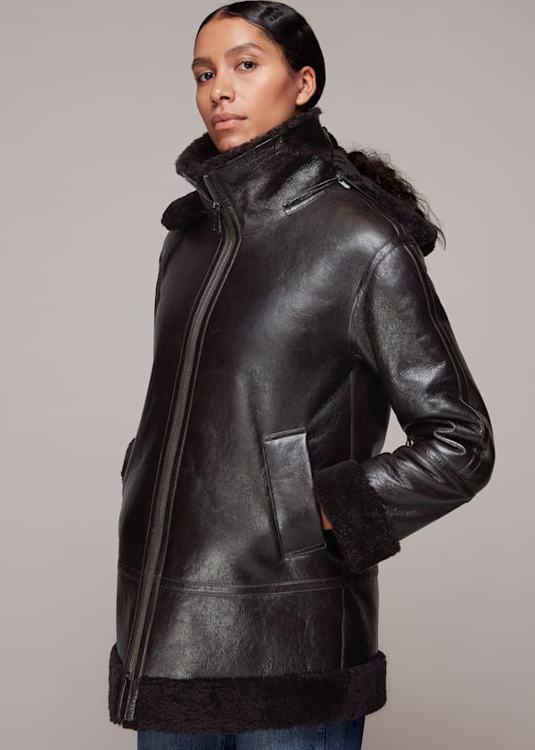 Brown Shearling Hooded Biker