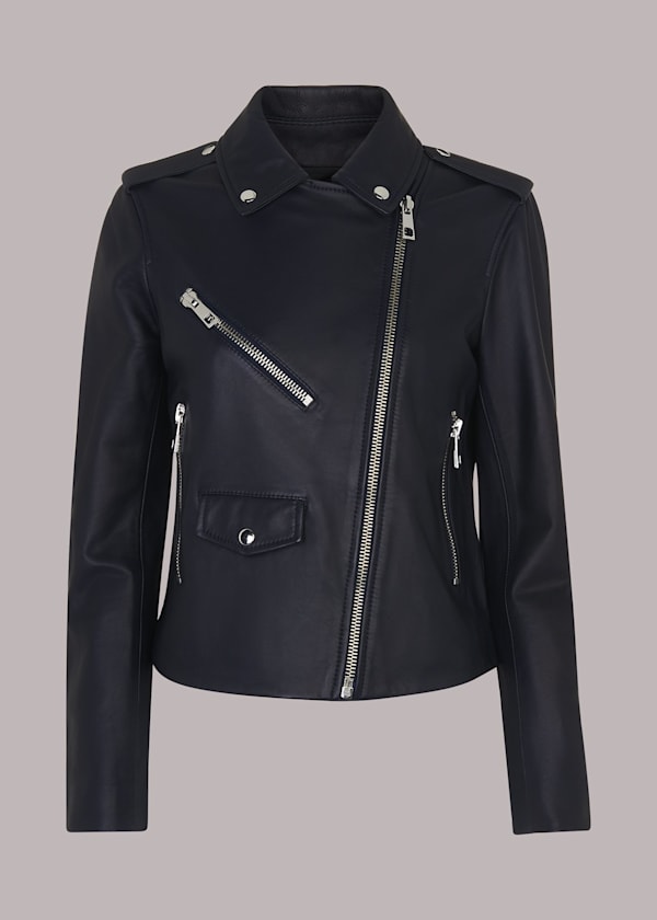 Navy Agnes Pocket Leather Jacket