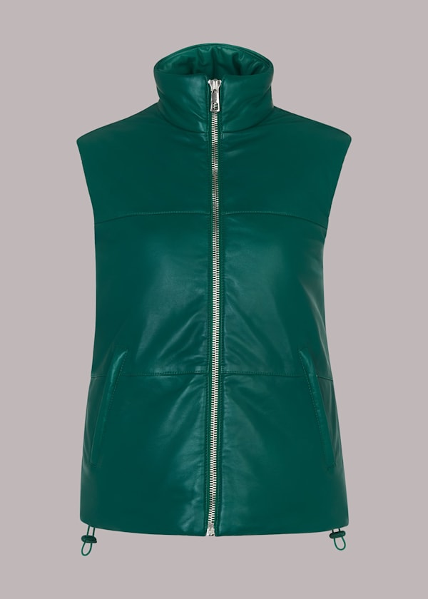 Dark Green Leather Puffer Quilted Gilet