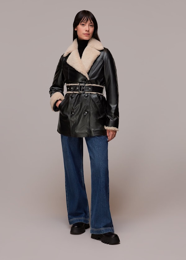 Black Maya Leather Belted Coat