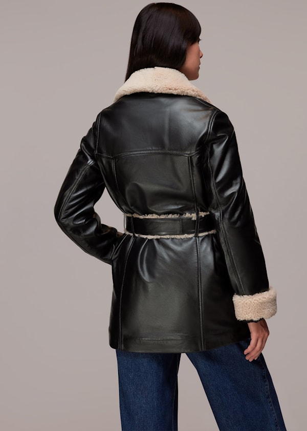 Black Maya Leather Belted Coat