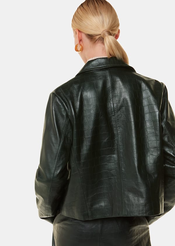 Dark Green Delia Croc Leather Jacket