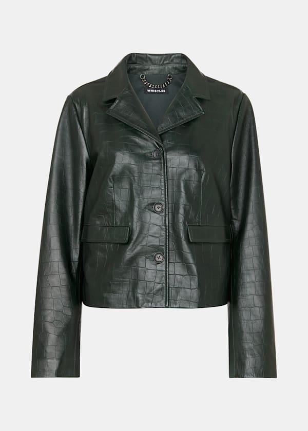 Dark Green Delia Croc Leather Jacket
