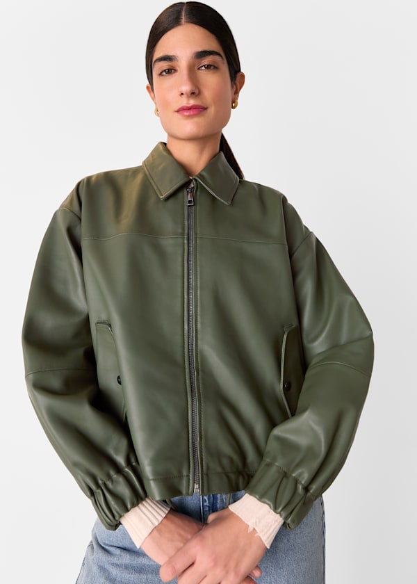 Khaki Frida Leather Bomber Jacket
