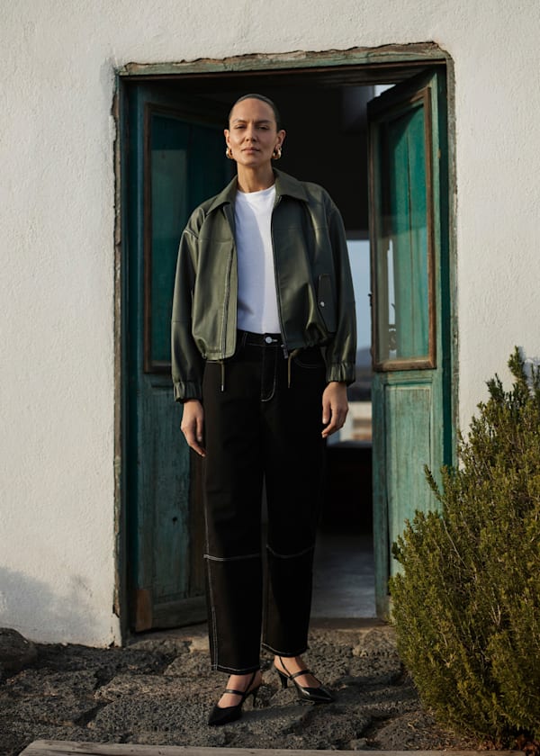 Khaki Frida Leather Bomber Jacket