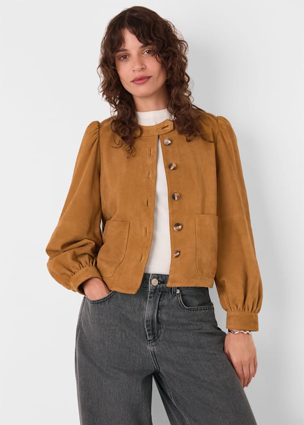 Camel Button Front Suede Jacket