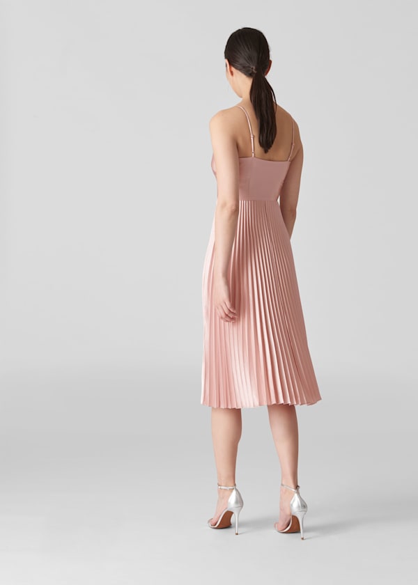 Pale Pink Satin Pleated Strappy Dress