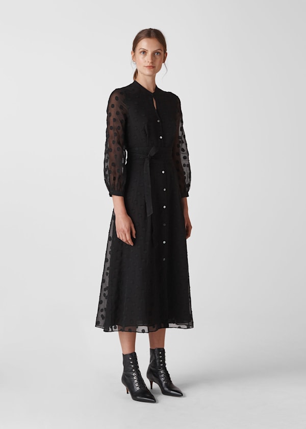 Black Dobby Tie Waist Midi Dress