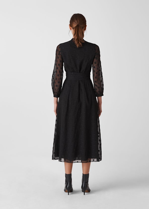 Black Dobby Tie Waist Midi Dress