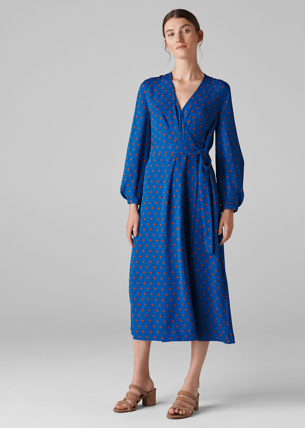 Blue Maria Spot Silk Wrap Dress
