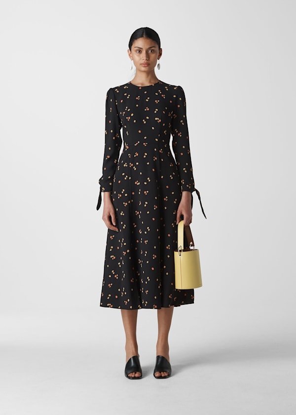 Black Micro Floral Tie Cuff Dress