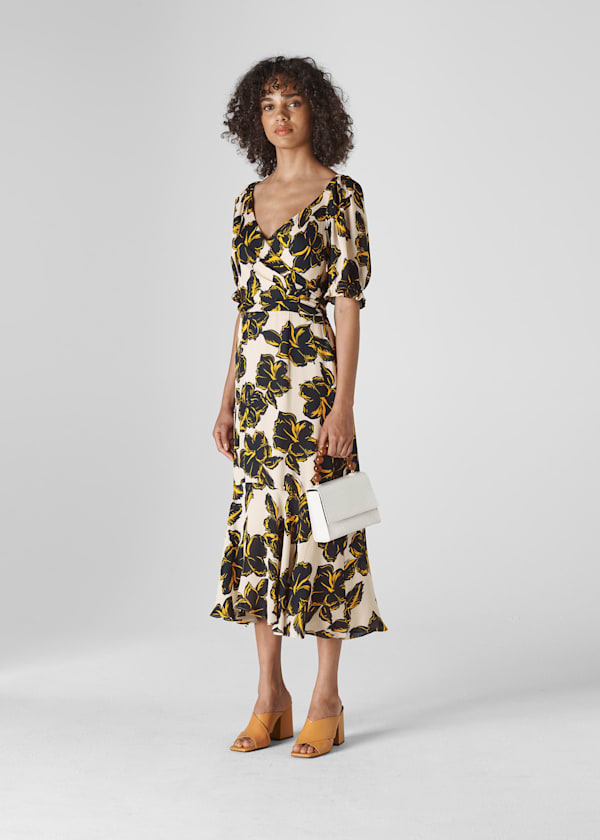 White Tropical Flower Silk Dress