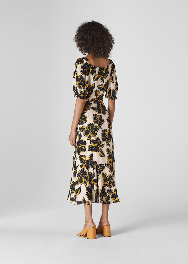 White Tropical Flower Silk Dress