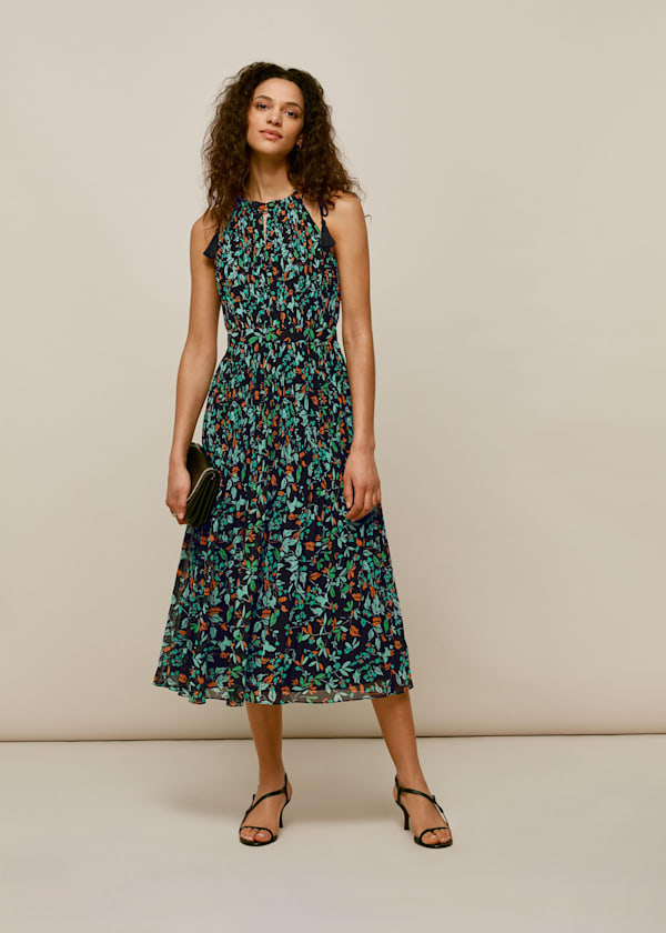 Blue Forest Floral Halter Dress