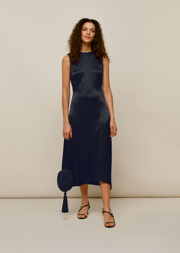 Navy Satin Panelled Midi Dress