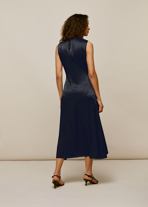 Navy Satin Panelled Midi Dress