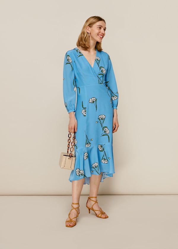 Blue Sprig Flower Silk Dress