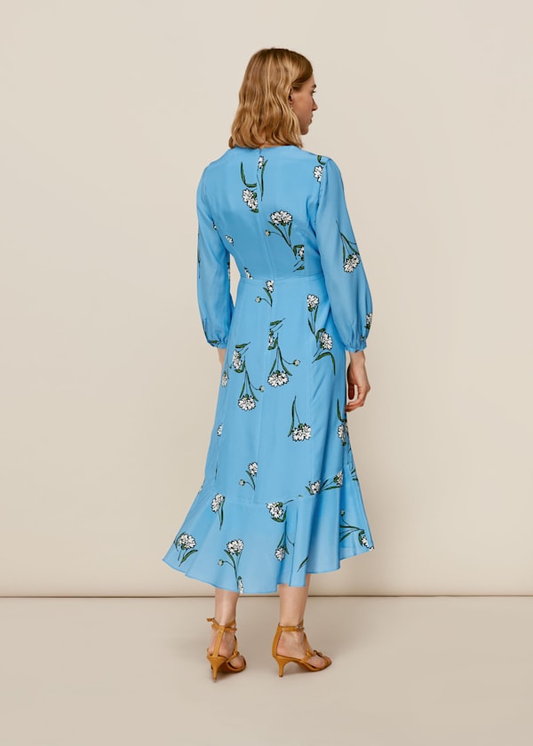 Blue Sprig Flower Silk Dress