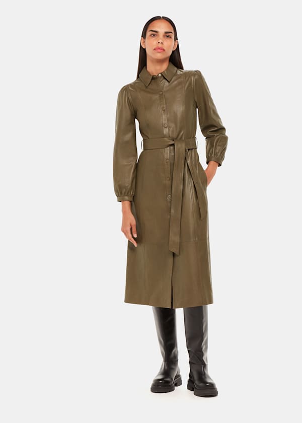 Khaki Phoebe Leather Shirt Dress