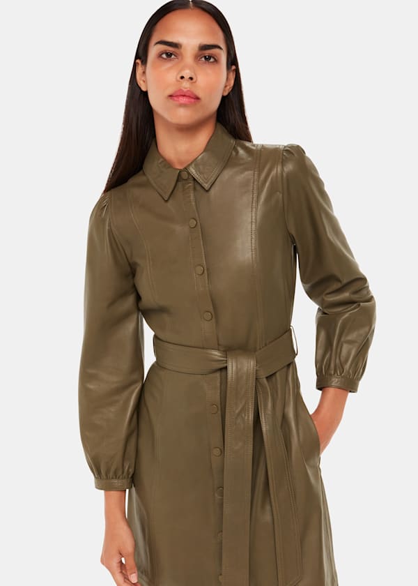 Khaki Phoebe Leather Shirt Dress