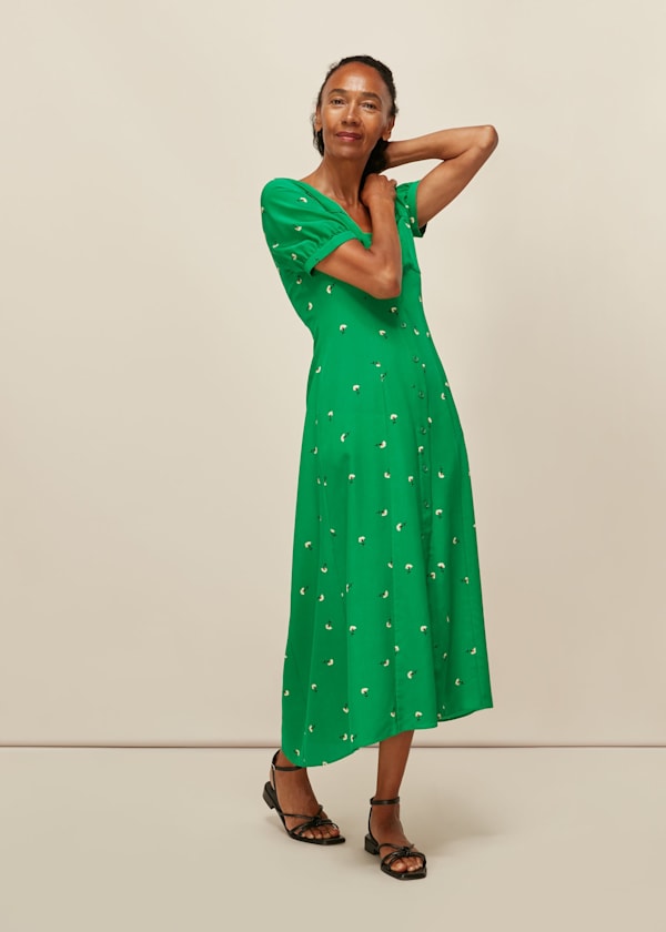 Green Romantic Floral Silk Dress