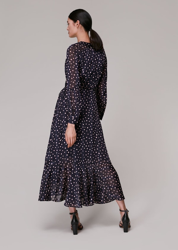 Blue Satin Stripe Spot Wrap Dress
