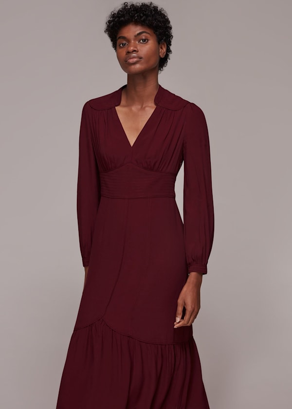 Burgundy Topstitch Detail Midi Dress