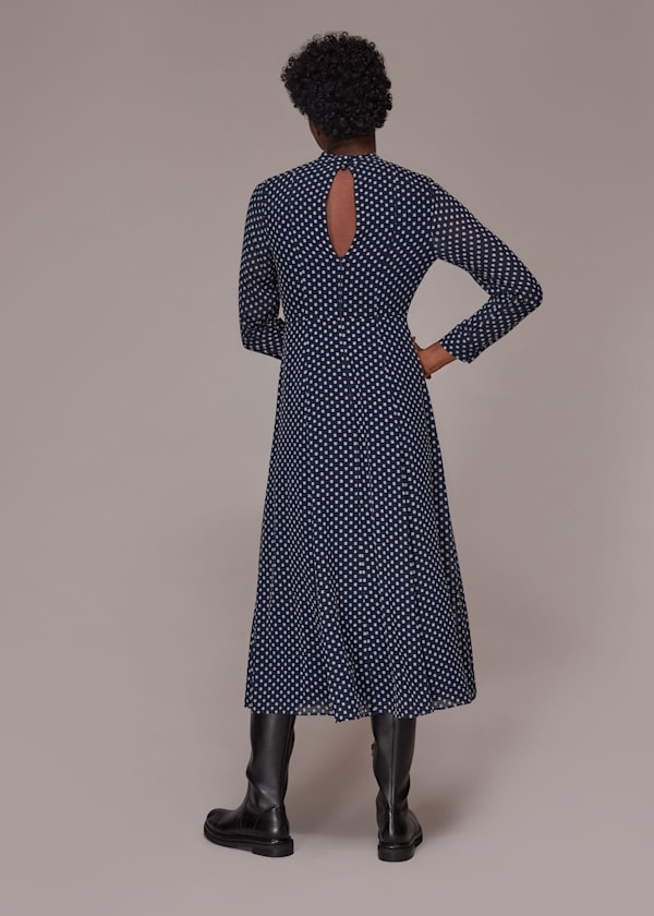 Navy Dobby High Neck Dress