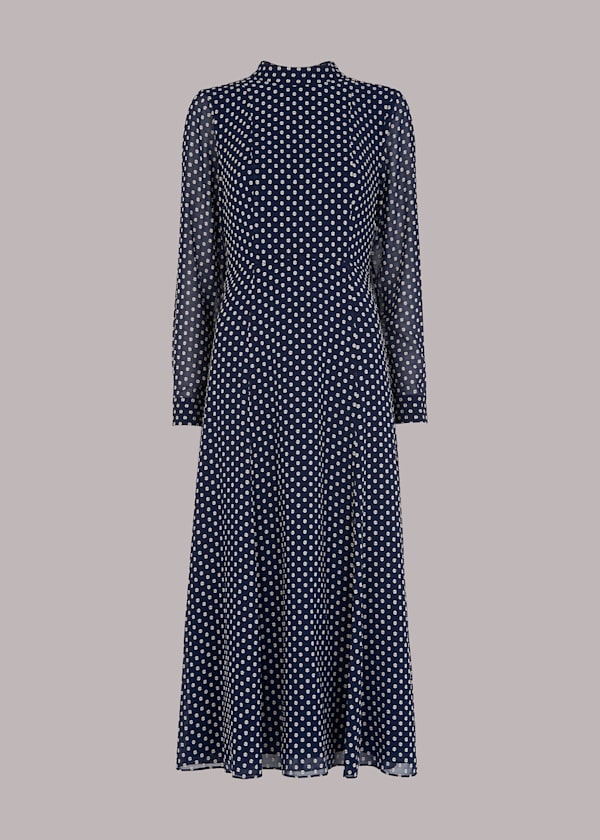 Navy Dobby High Neck Dress