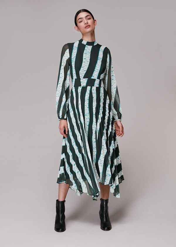 Black Shibori Print Pleated Dress