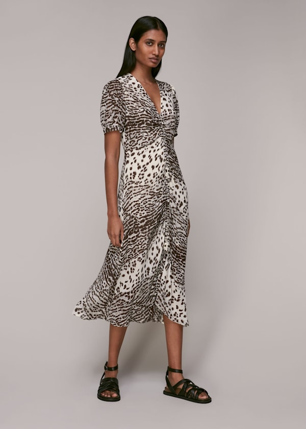 Multicolour Jaguar Print Ruched Midi Dress