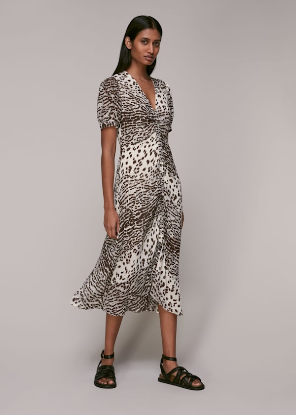 Jaguar Print Ruched Midi Dress