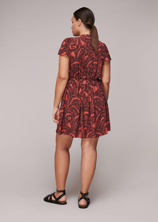 Red Scallop Print Trapeze Dress