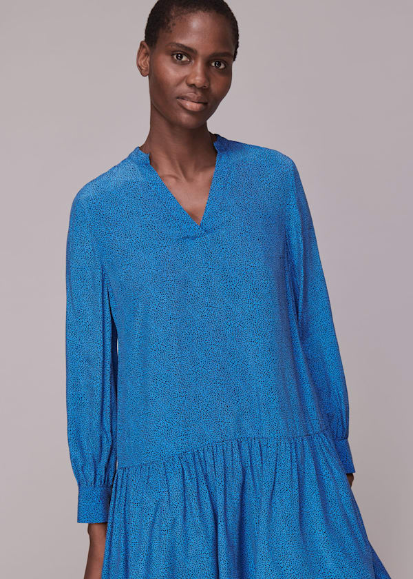 Blue Animal Fleck Smocked Dress