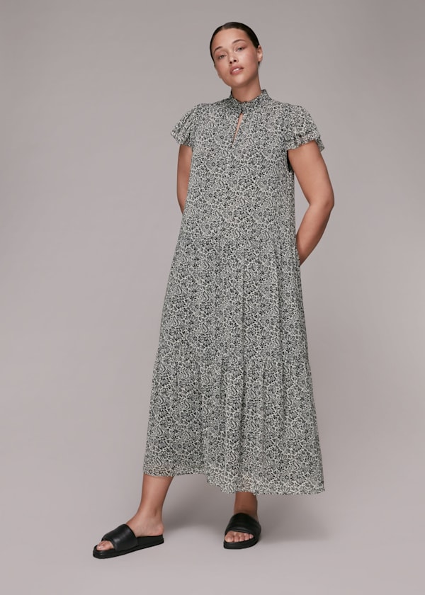 Black Indo Floral Print Tiered Dress