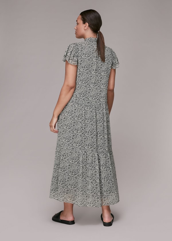 Black Indo Floral Print Tiered Dress